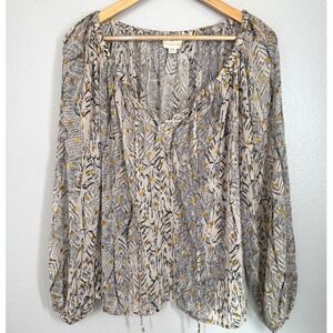 Lovestitch Blouse S/M‎ Gold Metallic Dot Keyhole Boho Peasant Sheer Flowy Top